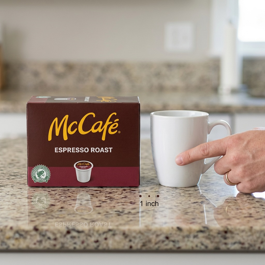 Scale reference: McCafé Espresso Roast 24-count box beside a standard coffee mug on a kitchen counter.