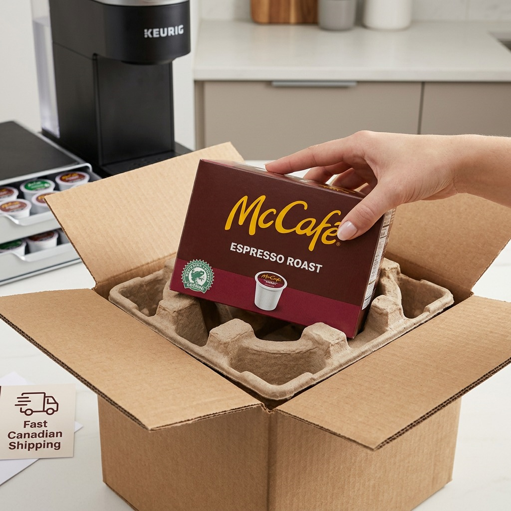 Hand lifting McCafé Espresso Roast K-Cup 24-count box from a protective shipping box in a kitchen.