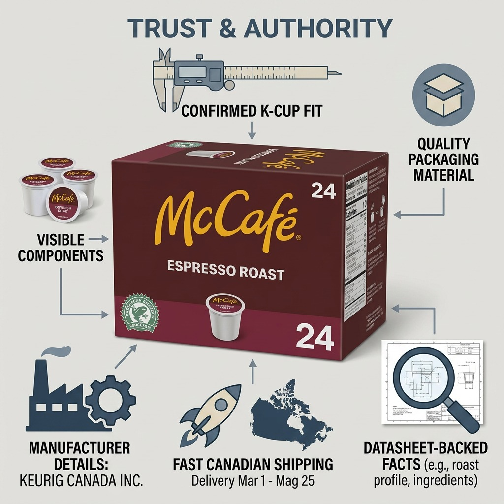 Infographic for McCafé Espresso Roast K-Cup pods highlighting Keurig Canada manufacturing and fast Canadian shipping.