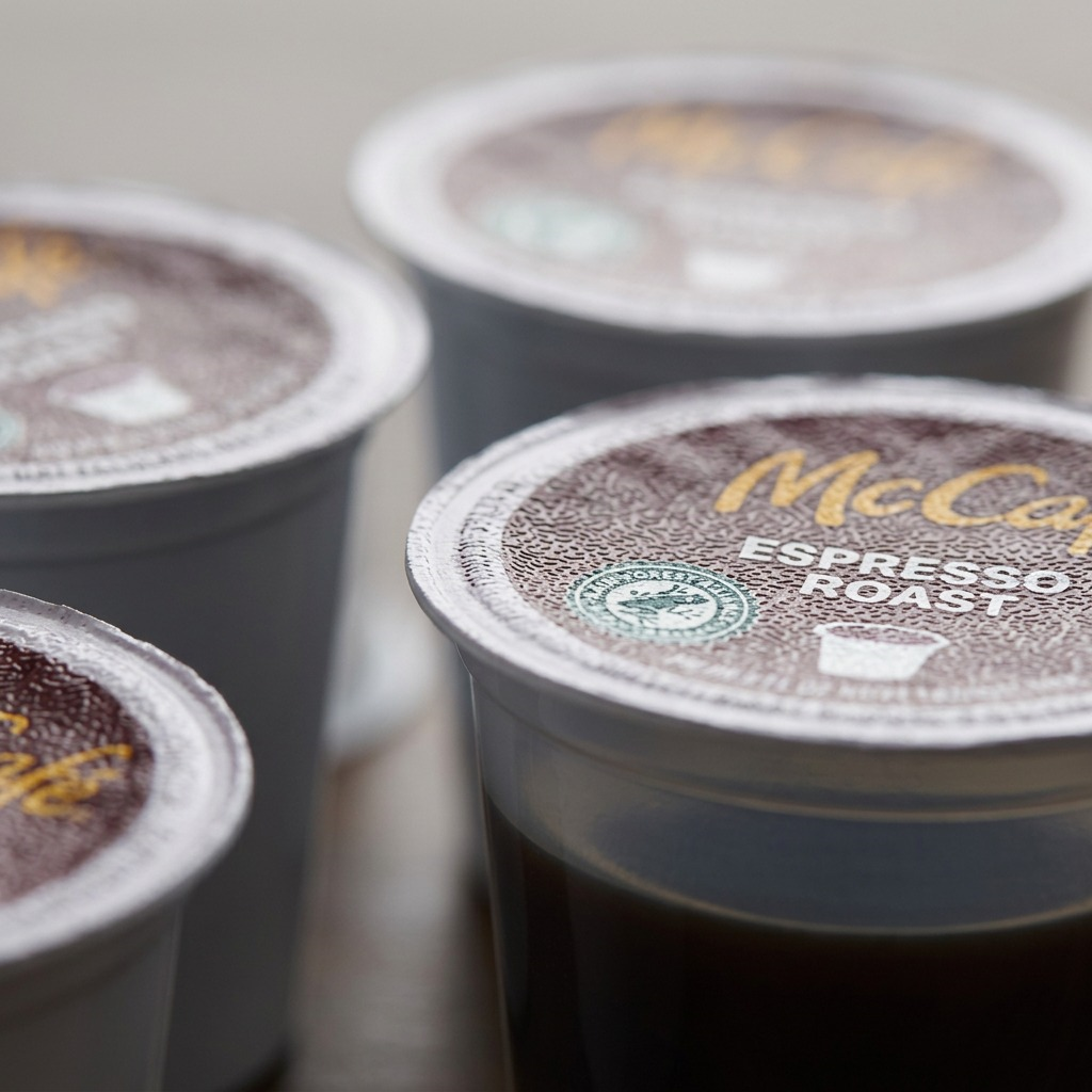 Macro detail of McCafé Espresso Roast K-Cup pods showing the textured foil lid and seal.