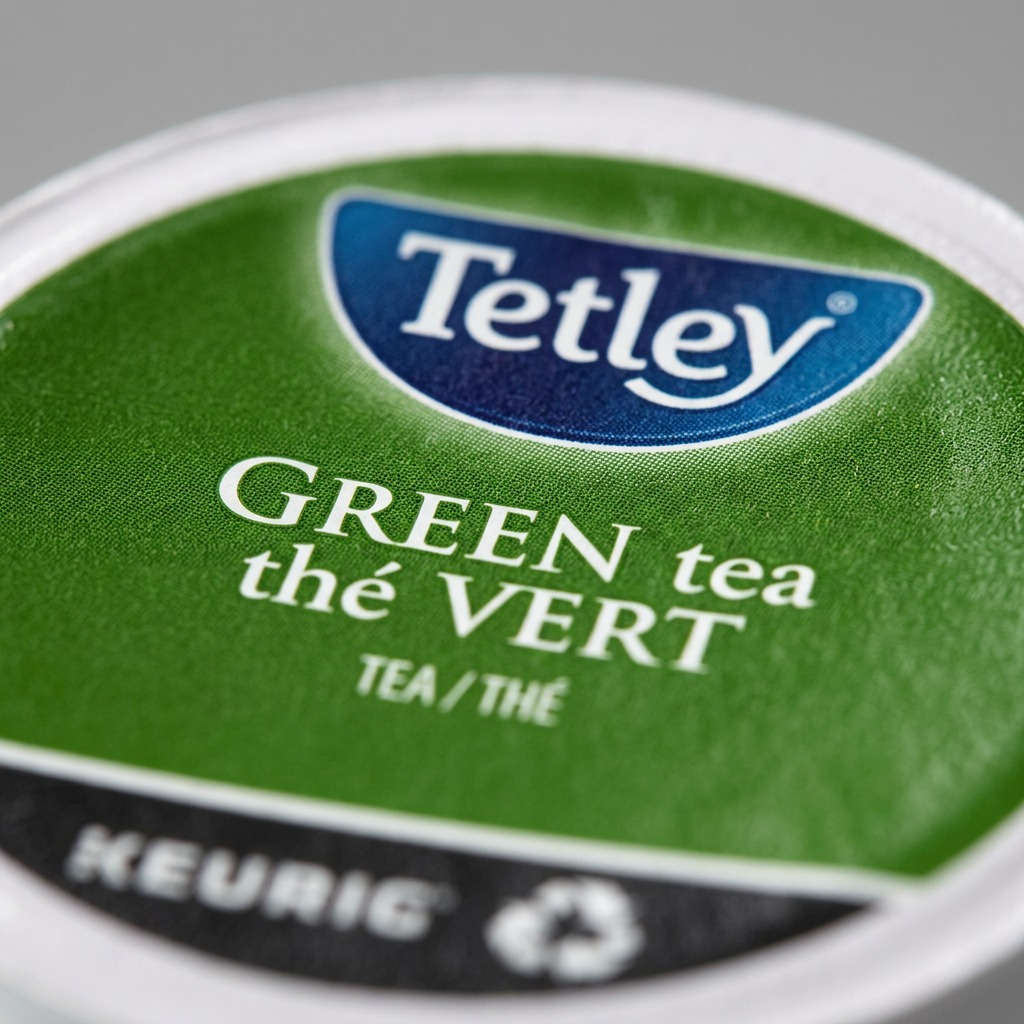 Macro detail of a Tetley Pure Green Tea K-Cup pod foil lid showing texture and recycling logo.