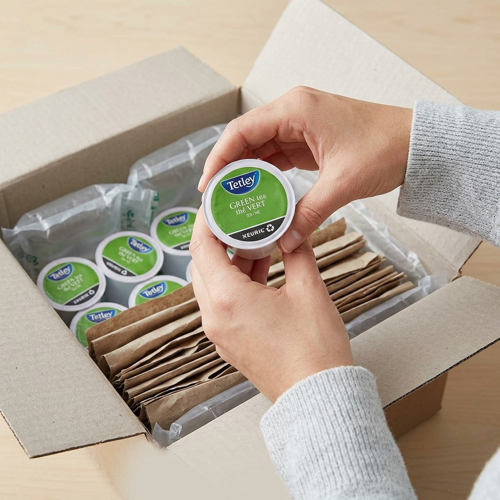 Hands unboxing Tetley Pure Green Tea K-Cup pods from a shipping box with protective packaging.