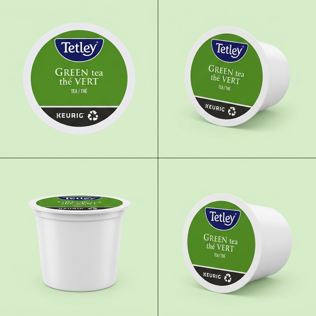 Four angles of Tetley Pure Green Tea recyclable Keurig K-Cup pods in a grid layout.