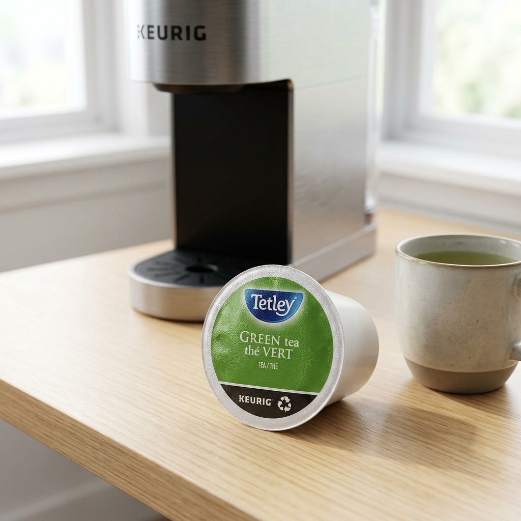 Tetley Green Tea K-Cup pod on a wooden table next to a Keurig brewer and a mug of hot tea.