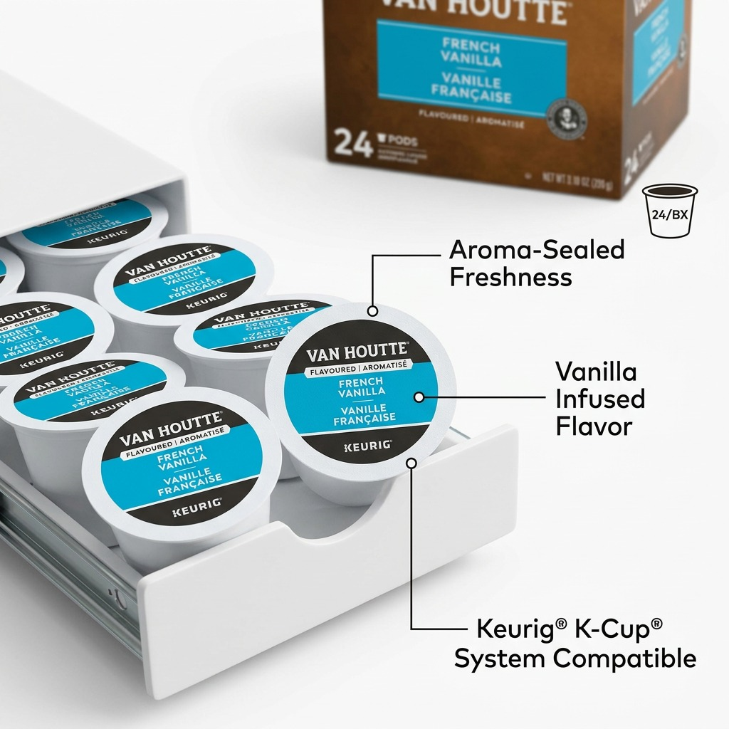 Van Houtte French Vanilla K-Cup features: aroma-sealed freshness and Keurig system compatibility.