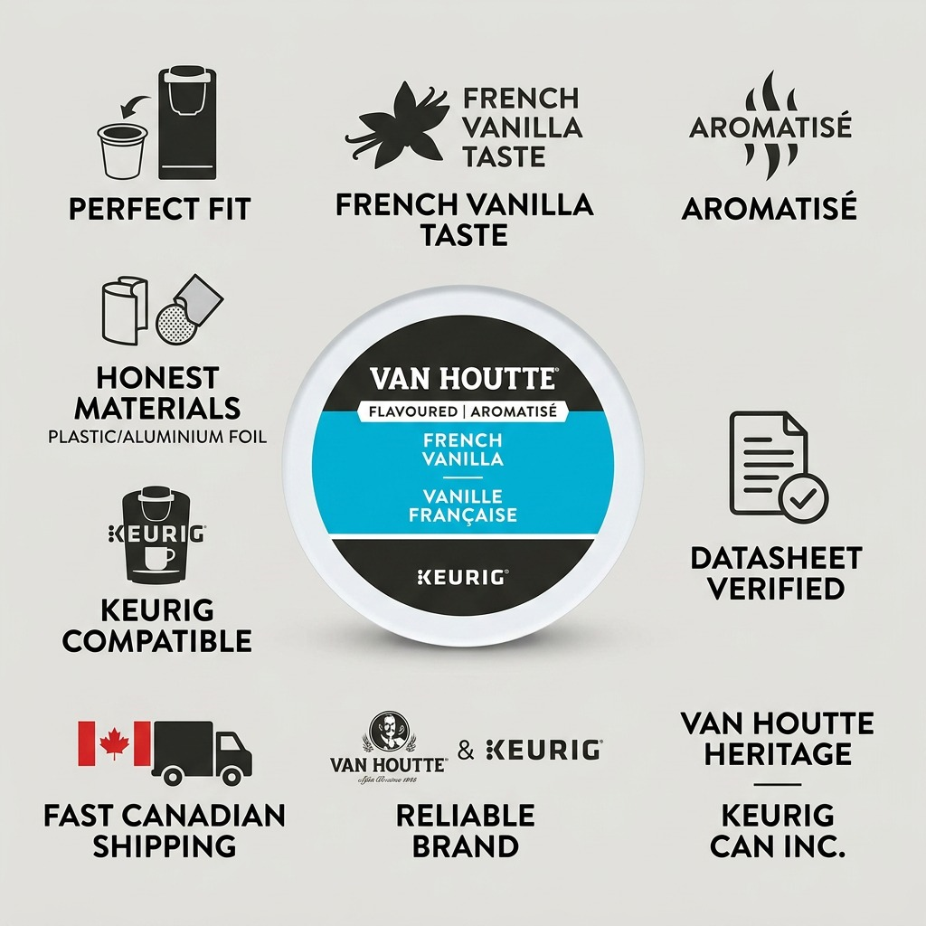 Van Houtte French Vanilla K-Cup infographic showing Keurig compatibility and fast Canadian shipping.