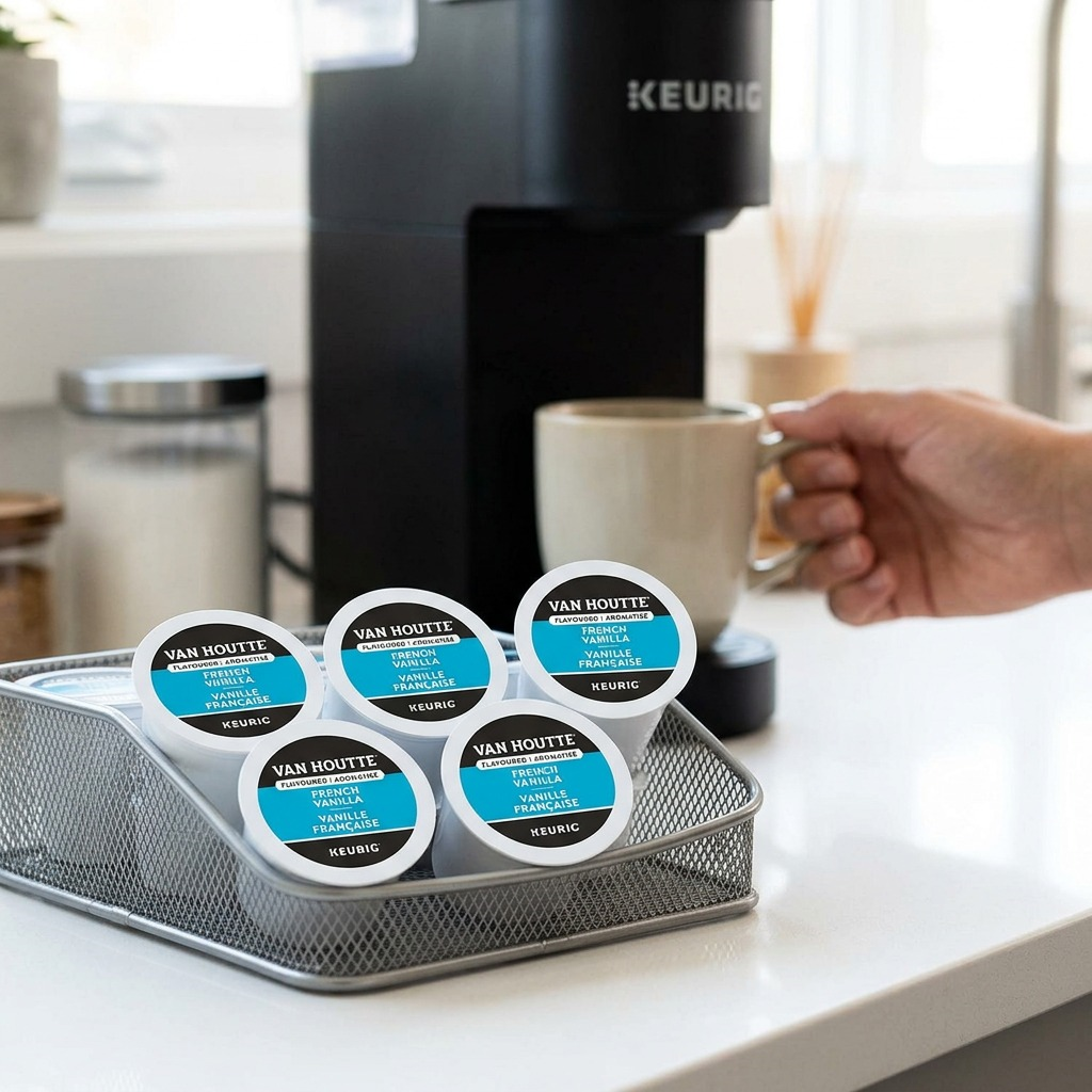 Van Houtte French Vanilla K-Cup pods in a wire mesh organizer next to a Keurig coffee maker.
