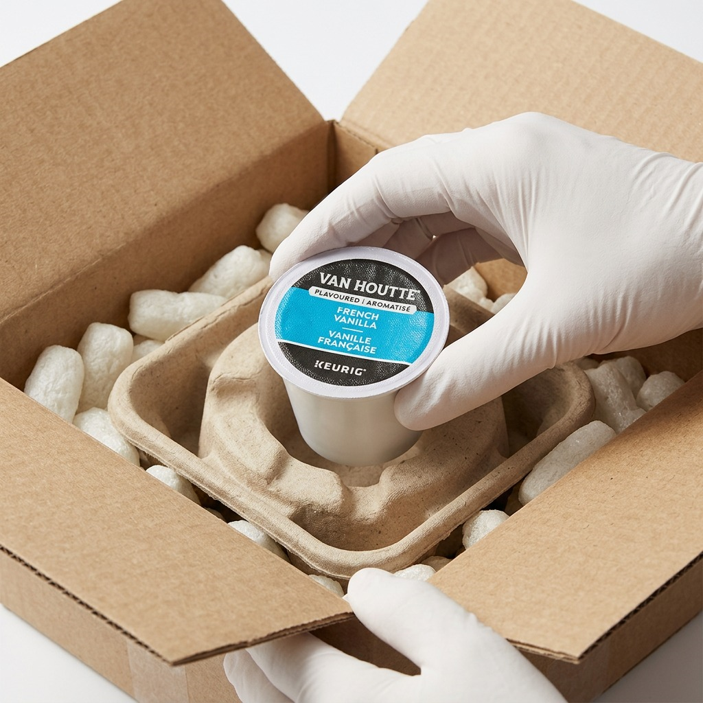 A Van Houtte French Vanilla K-Cup being carefully unboxed from a cardboard shipping container.