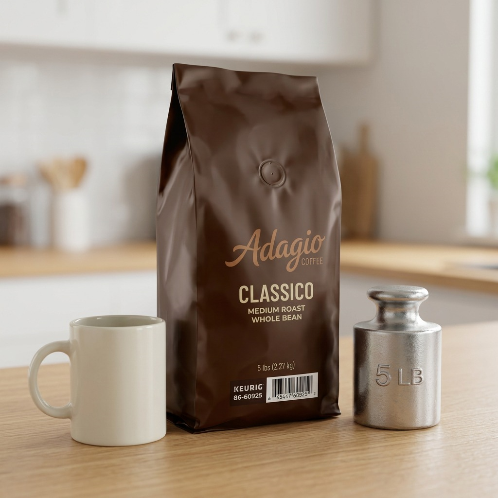 Large 5lb bag of Keurig Adagio Classico Whole Bean Coffee shown next to a standard mug for scale.
