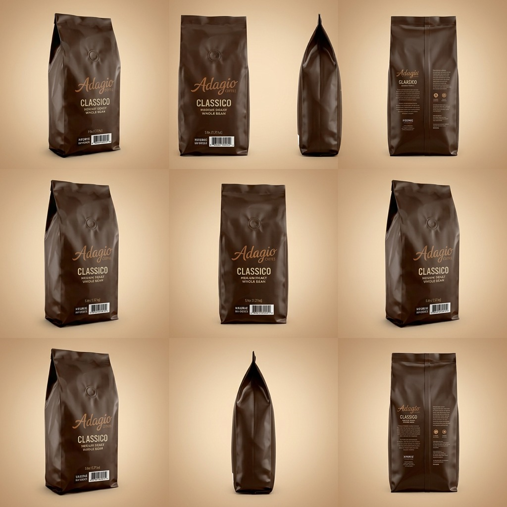 Grid showing Keurig Canada Adagio Classico medium roast whole bean coffee 5lb bag from multiple angles.