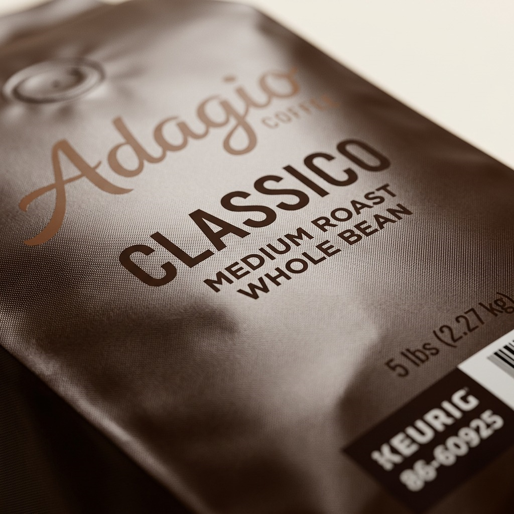 Macro detail of Adagio Classico Medium Roast Whole Bean packaging showing texture and 5lb weight.