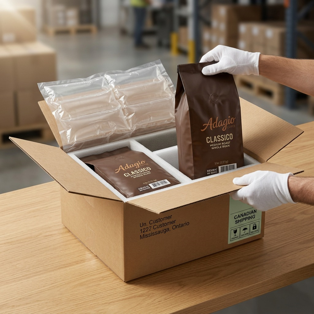 Hands unboxing brown bags of Adagio Classico coffee from a box with protective air pillows.