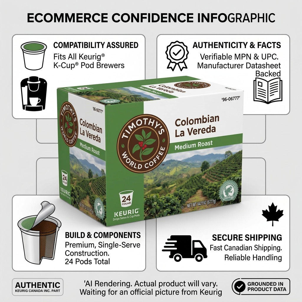Infographic for Timothy's Colombian La Vereda 24-count K-Cups showing Keurig compatibility and fast Canadian shipping.
