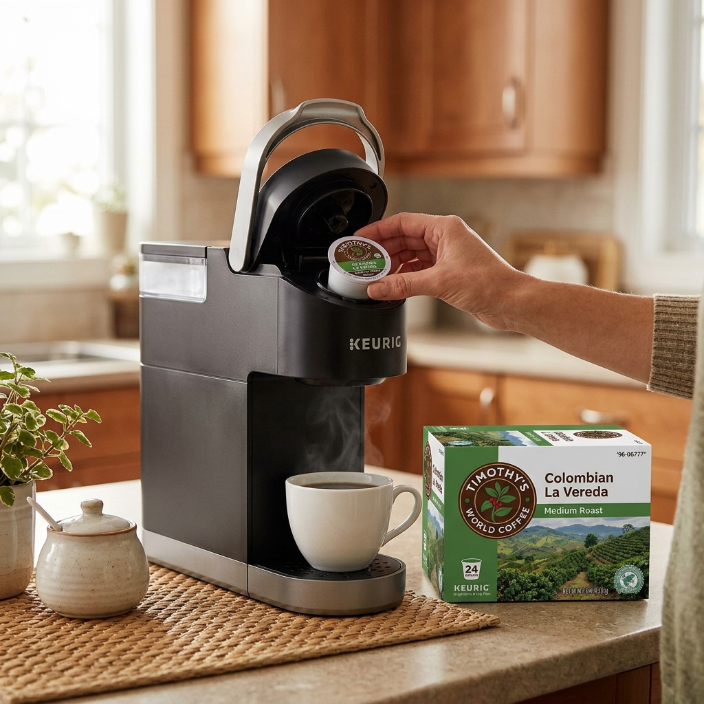 A person inserting a Timothy's Colombian La Vereda K-Cup into a Keurig machine in a kitchen setting.