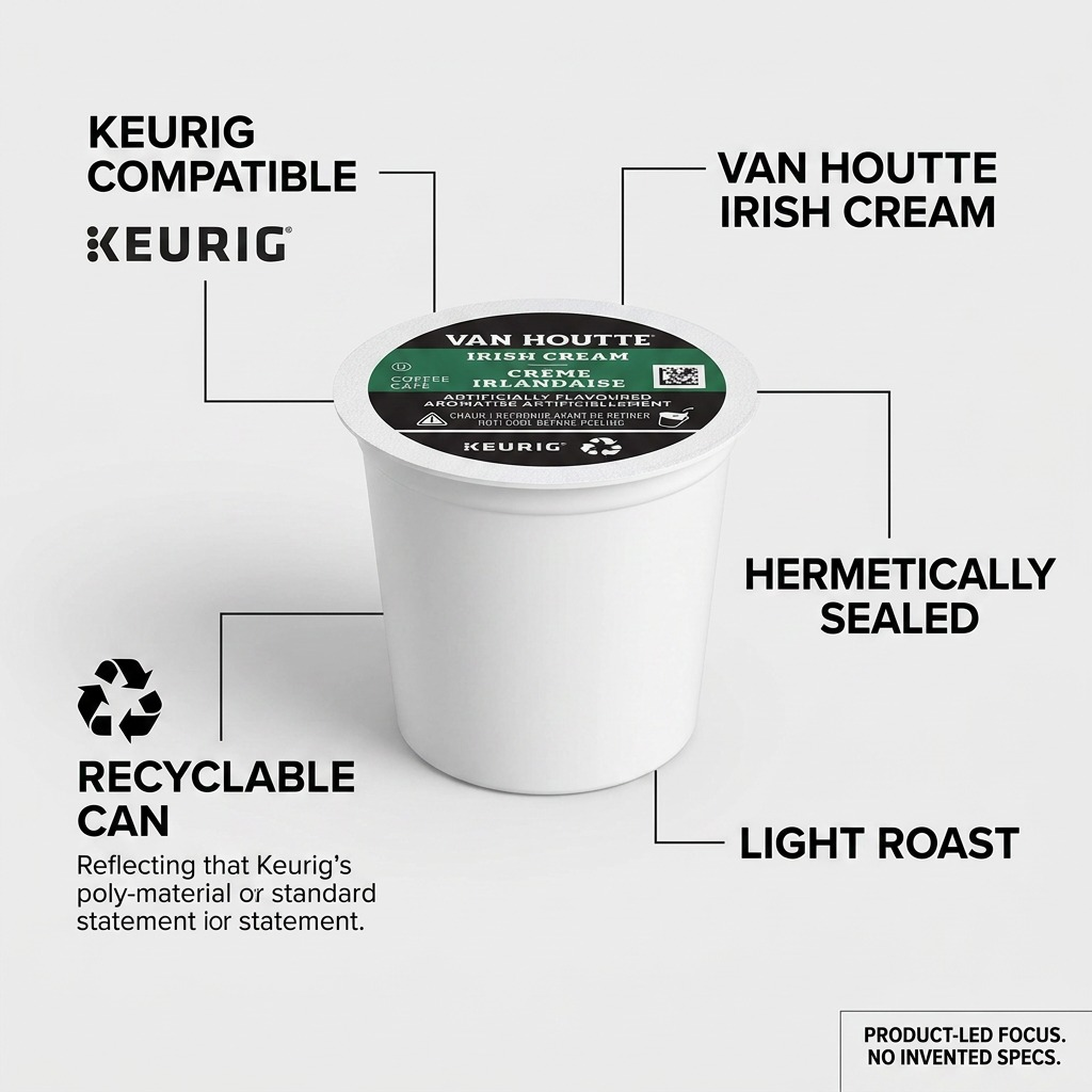Van Houtte Irish Cream K-Cup pod feature callout showing recyclability and light roast compatibility.