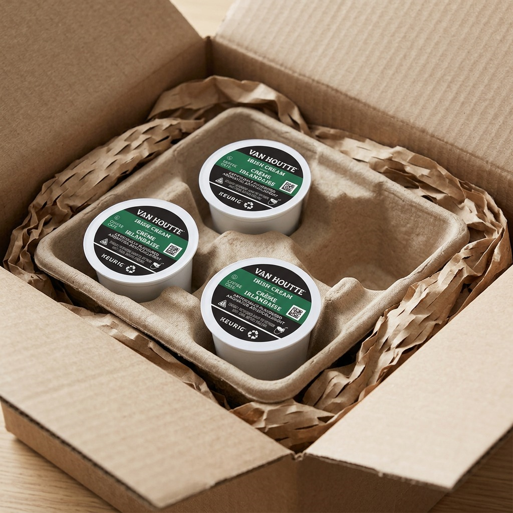 Van Houtte Irish Cream K-Cup pods securely packed in a shipping box with protective paper padding.
