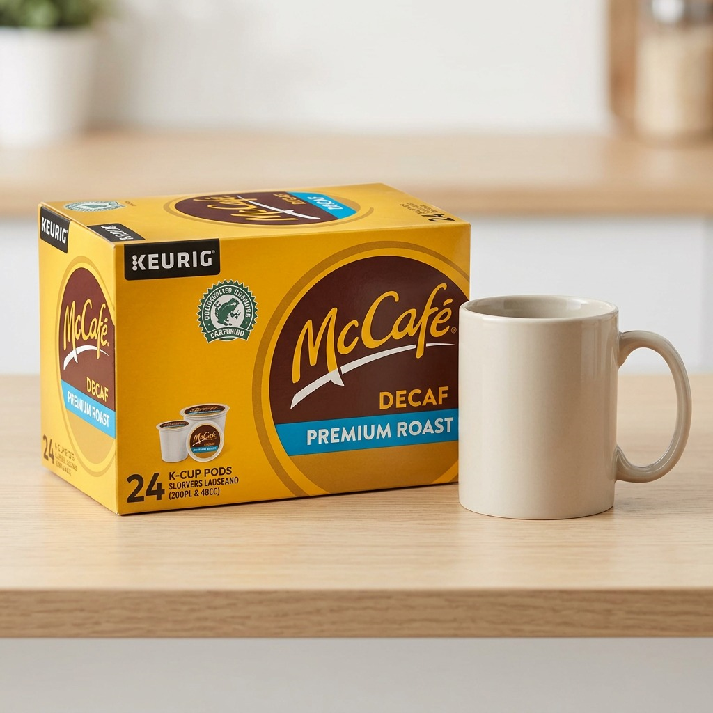 A 24-count box of McCafé Decaf Premium Roast K-Cup pods next to a standard ceramic coffee mug.