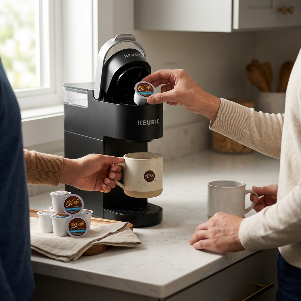 A hand placing a McCafé Decaf K-Cup into a Keurig machine in a bright, modern kitchen setting.