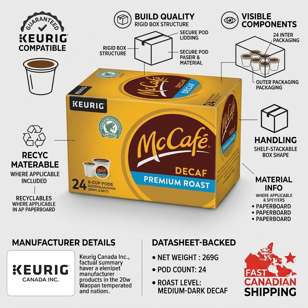 McCafé Decaf K-Cup 24-pack infographic highlighting Keurig compatibility and fast Canadian shipping.