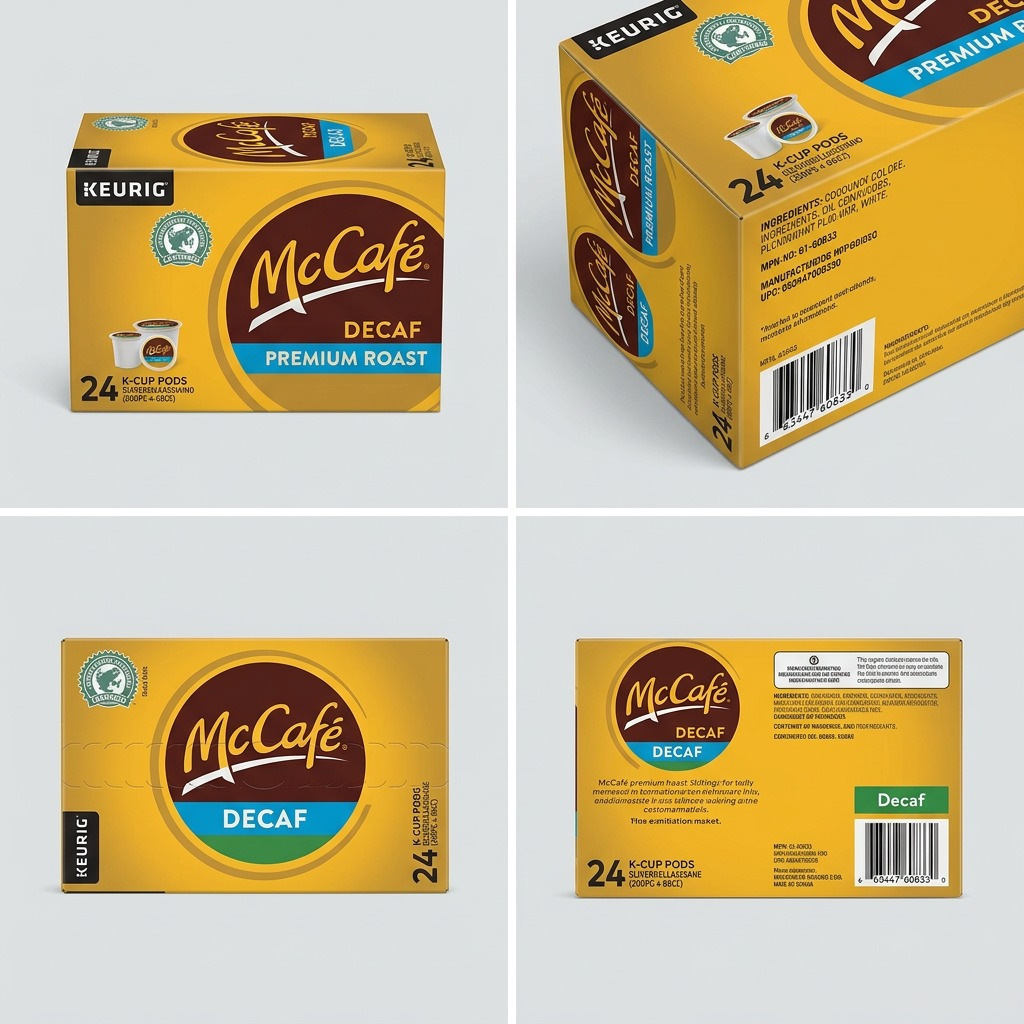 A 4-panel grid showing different angles of the McCafé Decaf Premium Roast 24-count K-Cup box.