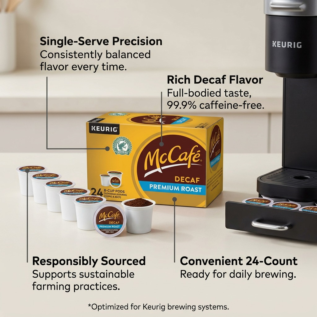 A box of McCafé Decaf Premium Roast K-Cup pods next to a Keurig brewer with product feature callouts.