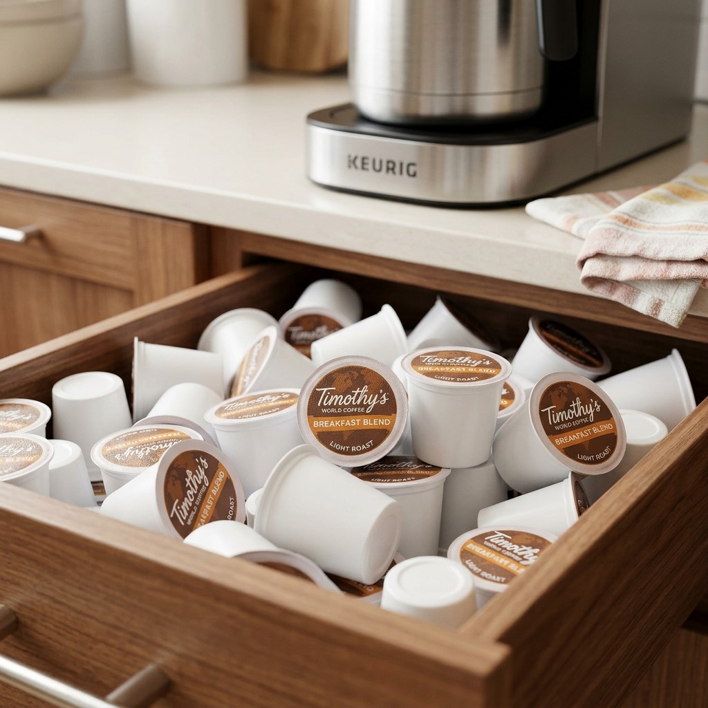 A kitchen drawer filled with Timothy's Breakfast Blend Light Roast K-Cup pods next to a Keurig machine.