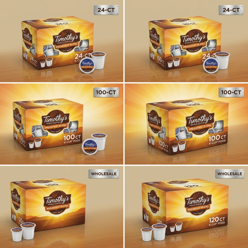 Grid showing Timothy's Breakfast Blend K-Cup pod quantity options: 24-count, 100-count, and wholesale.