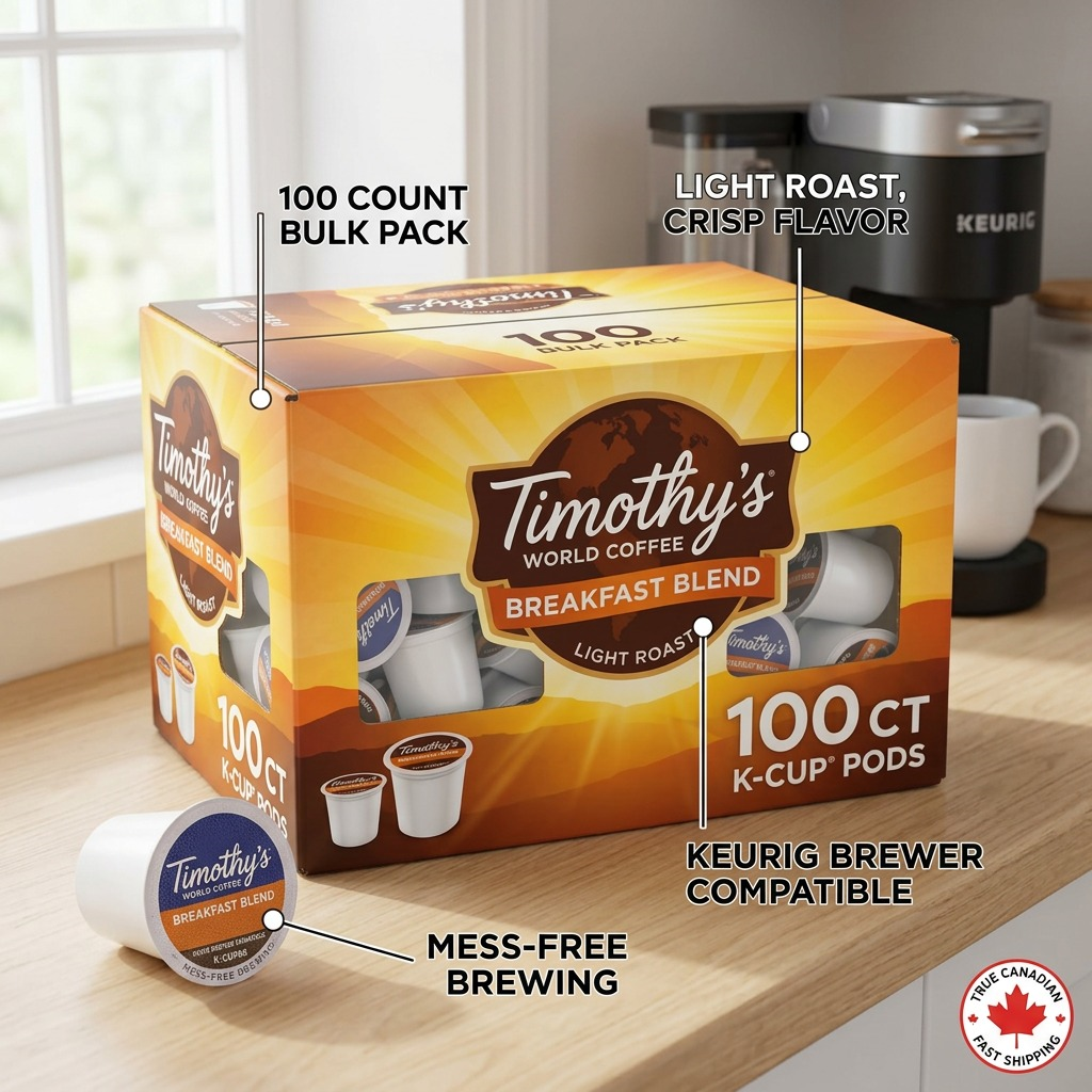 Timothy's Breakfast Blend 100-count Light Roast K-Cup pods box featuring Keurig brewer compatibility.