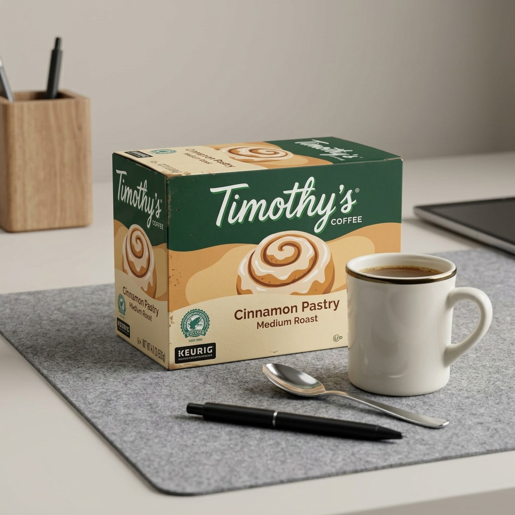 Timothy's Cinnamon Pastry Coffee 24-pack box on a desk next to a ceramic mug for scale.