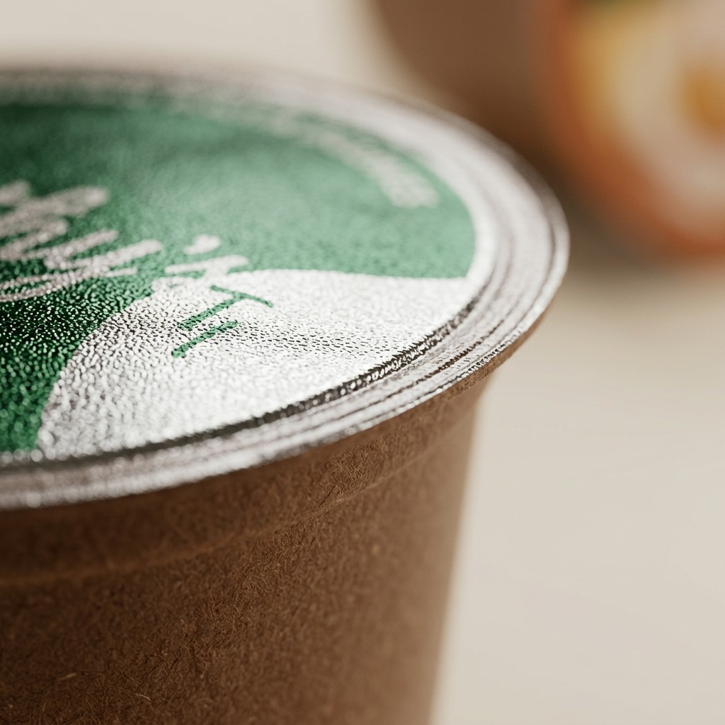 Macro detail of a Timothy's Cinnamon Pastry K-Cup showing the textured foil lid and pod rim.