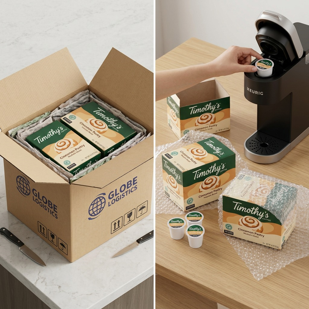 Securely shipped Timothy's Cinnamon Pastry K-Cups with bubble wrap next to a Keurig brewer.