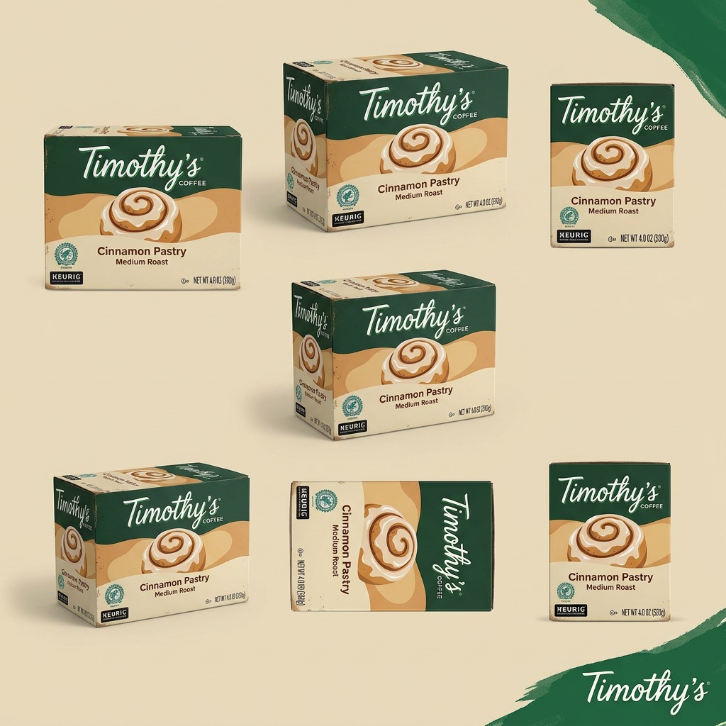 Grid showing Timothy's Cinnamon Pastry medium roast coffee boxes from multiple angles.