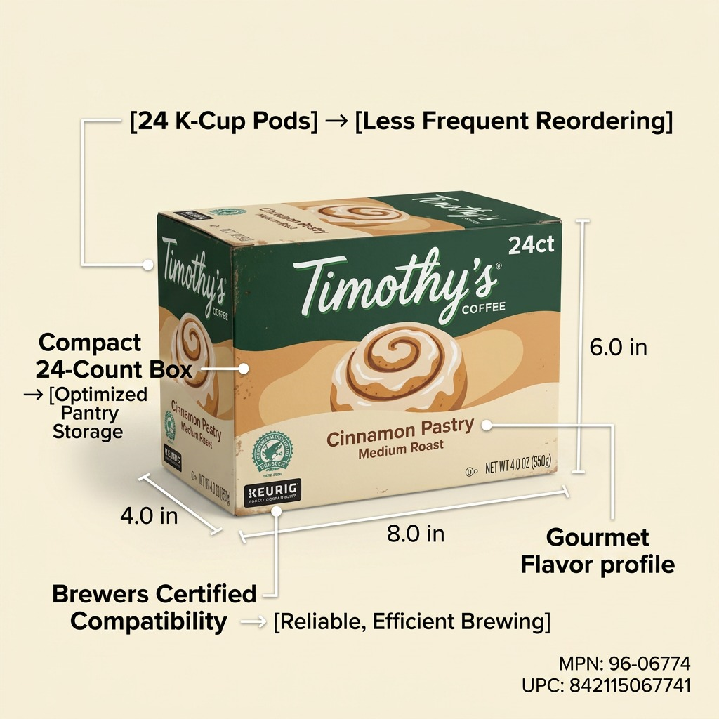 Timothy's Cinnamon Pastry 24-count K-Cup box with dimensions 8x4x6 and Keurig compatibility labels.