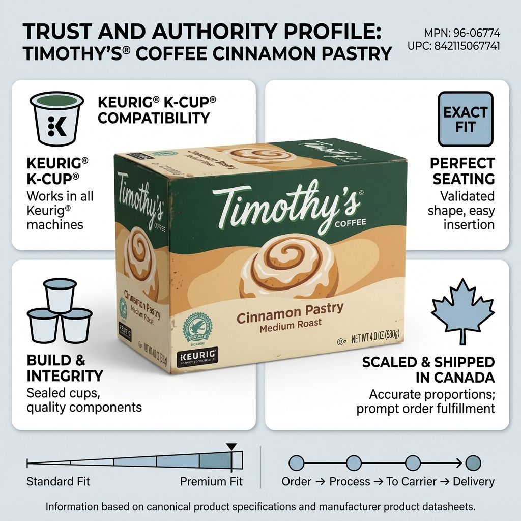 Trust infographic for Timothy's Cinnamon Pastry K-Cups showcasing Keurig compatibility and Canadian shipping.