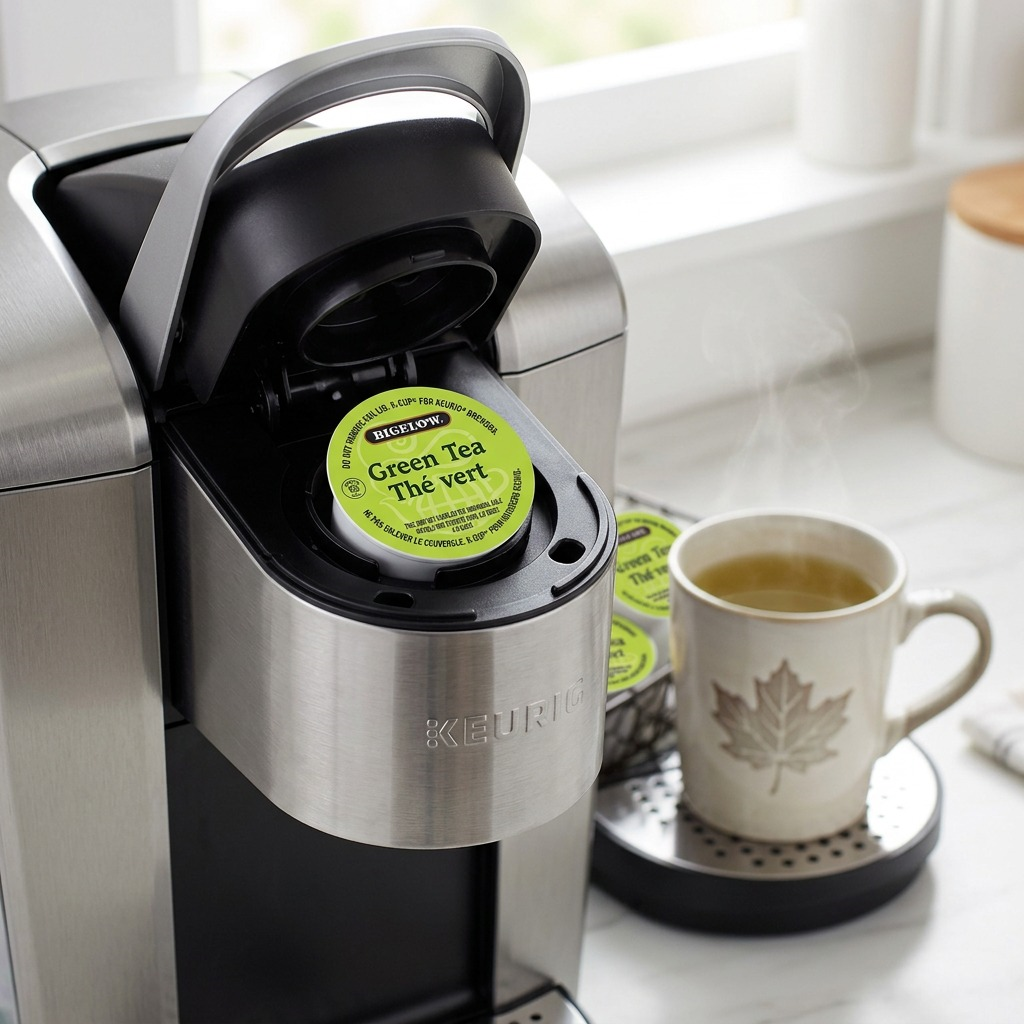 A Bigelow Green Tea K-Cup pod inside a Keurig machine next to a steaming mug with a maple leaf.