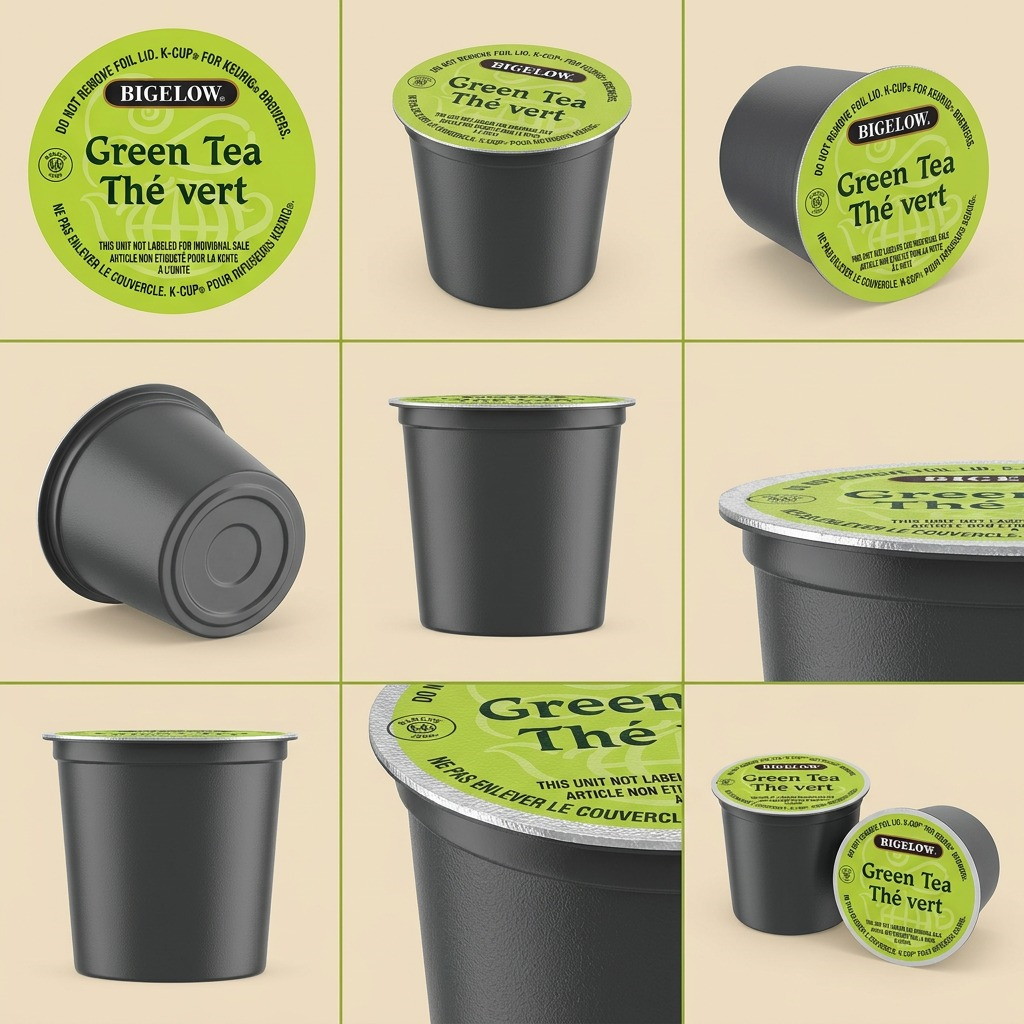 Grid displaying Bigelow Green Tea Keurig K-Cup pods from multiple angles, including top and side views.