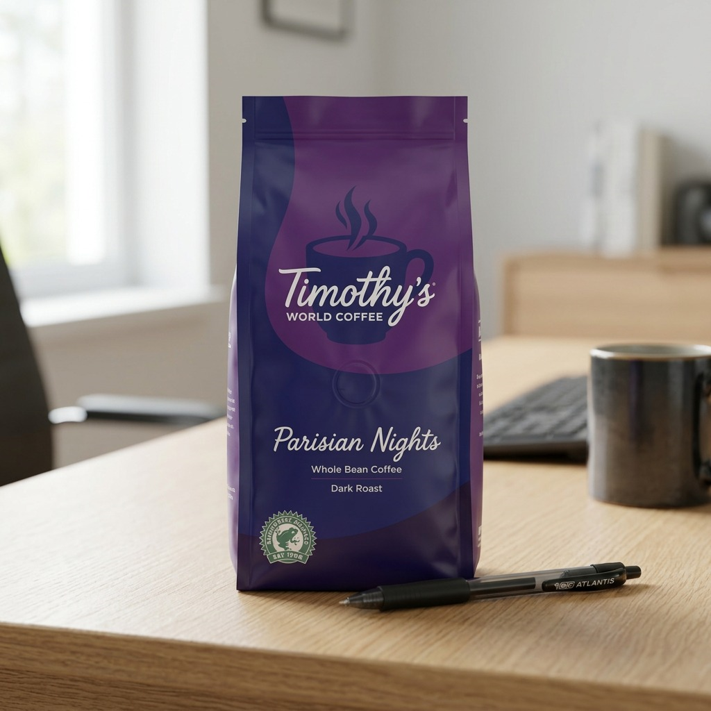 Timothy'S Parisian Nights whole bean coffee bag on a desk beside a pen and mug for scale reference.