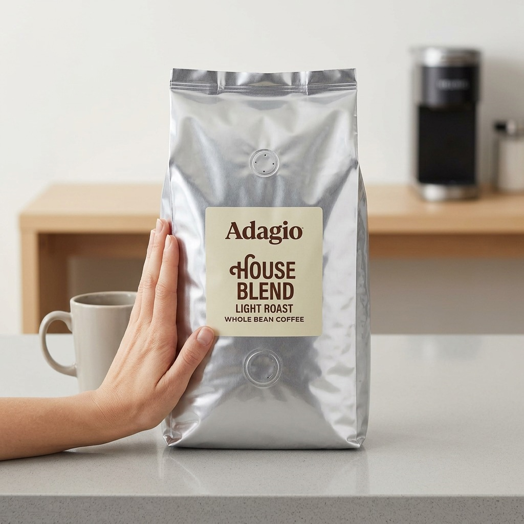 A person's hand next to a large 5lb silver bag of Adagio House Blend coffee beans for scale.