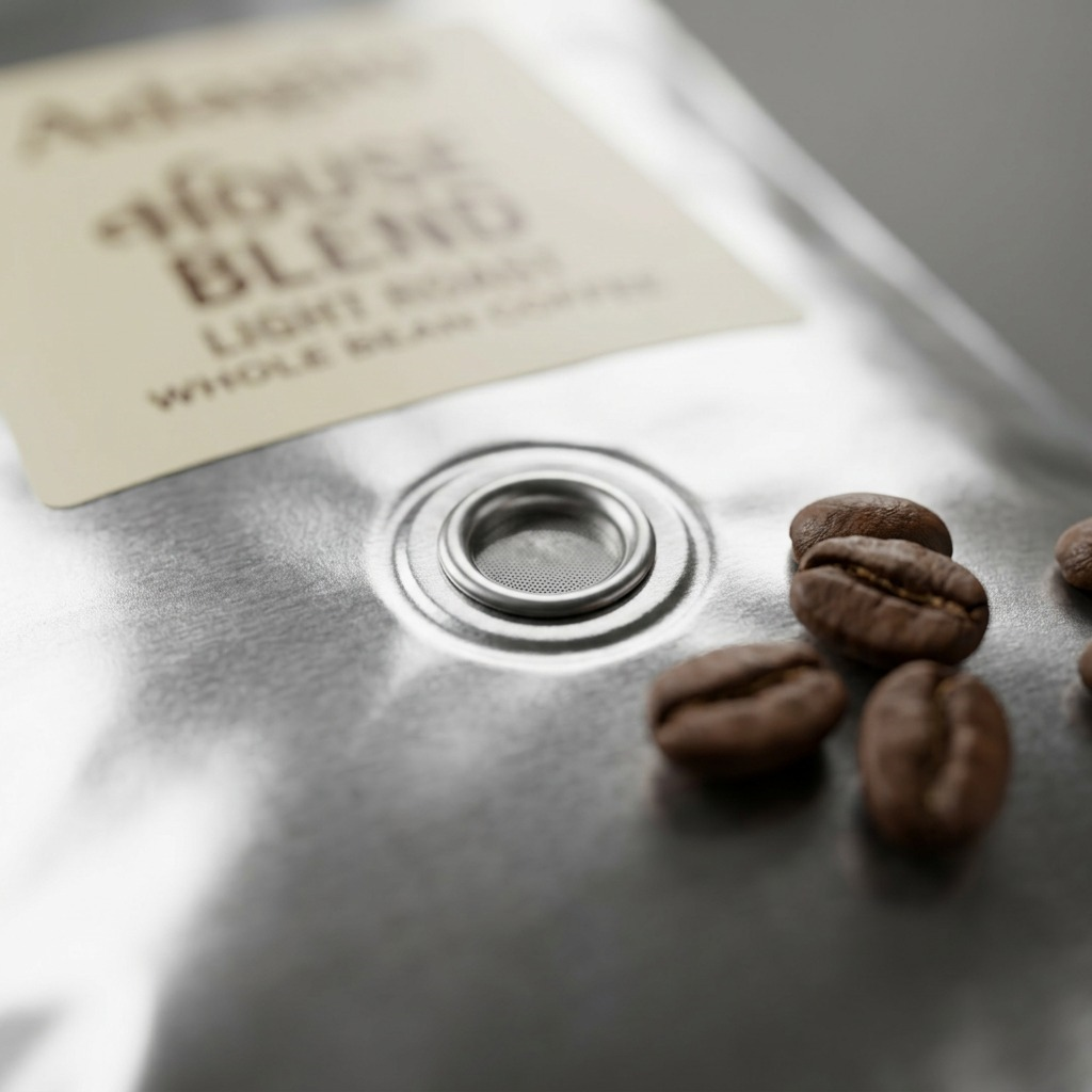 Macro detail of Adagio House Blend light roast whole beans next to a silver one-way freshness valve.