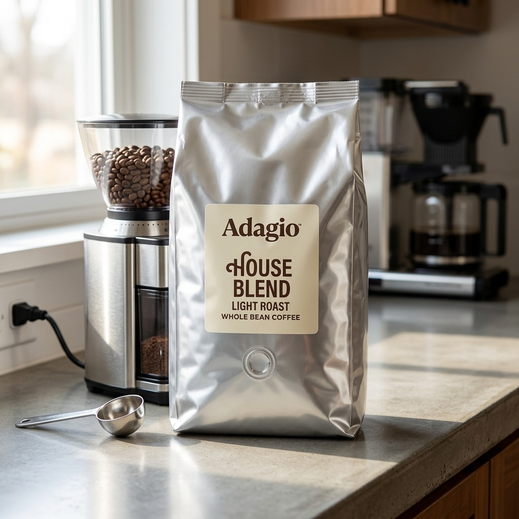 Adagio House Blend Light Roast whole bean coffee 5lb silver bag on a kitchen counter near a grinder.