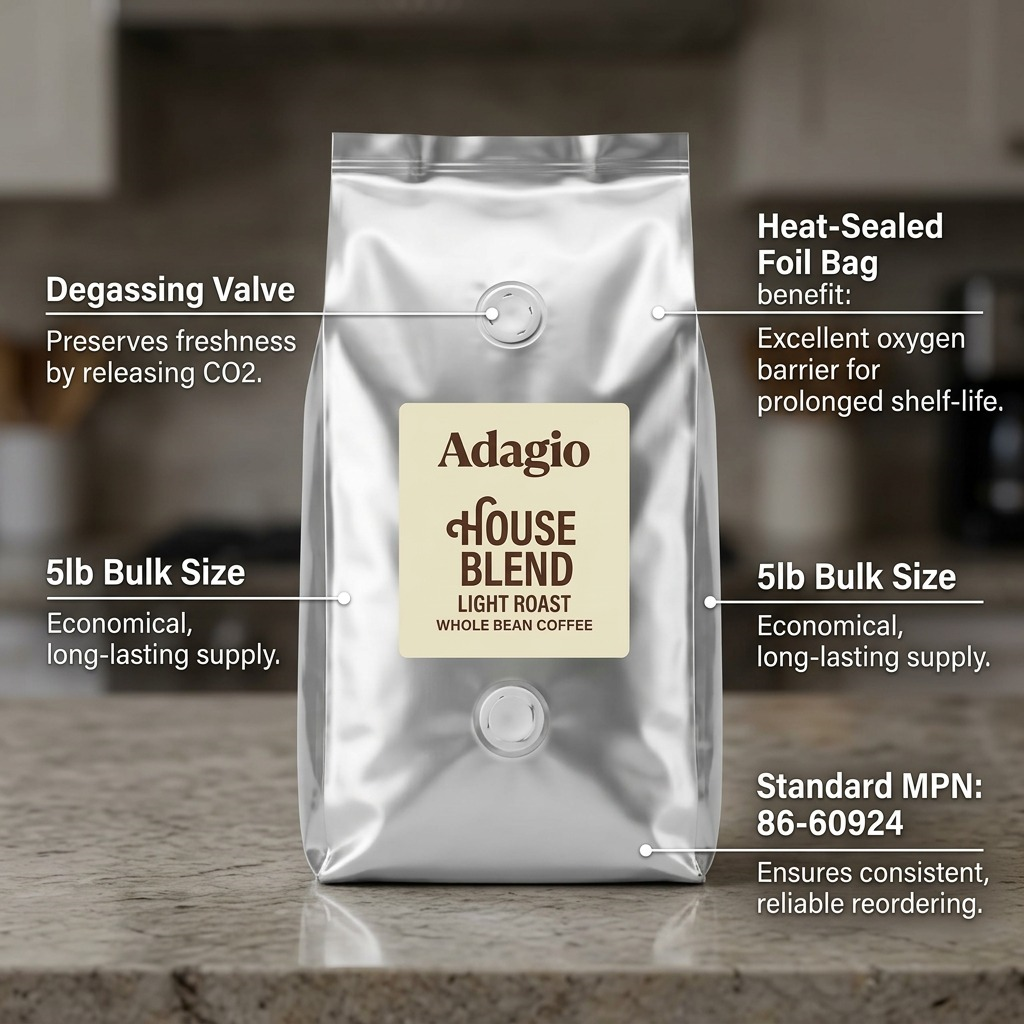 Adagio House Blend 5lb coffee bag with callouts for degassing valve, foil seal, and MPN 86-60924.