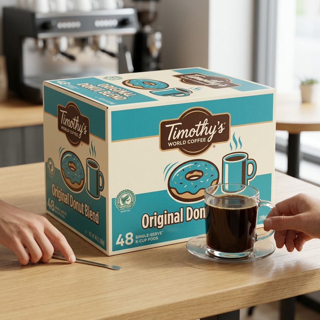 A large box of Timothy's Original Donut Blend K-Cup pods on a table next to a person's coffee mug.