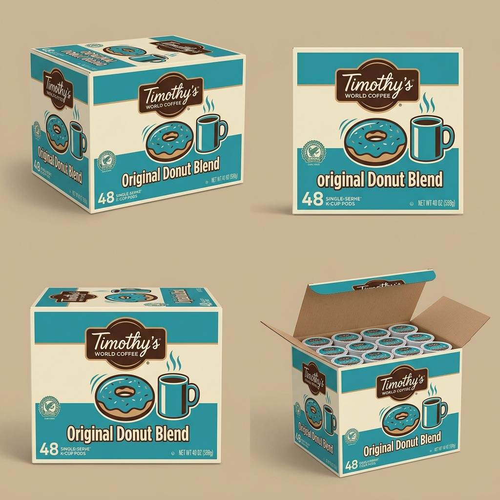 Timothy's Original Donut Blend 48-count K-Cup pod box shown from four different angles.