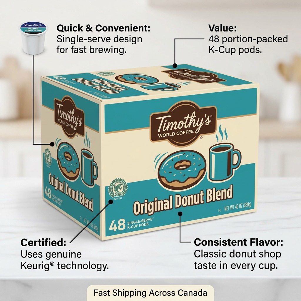 Timothy's Original Donut Blend 48-count K-Cup box with feature callouts for flavor and convenience.