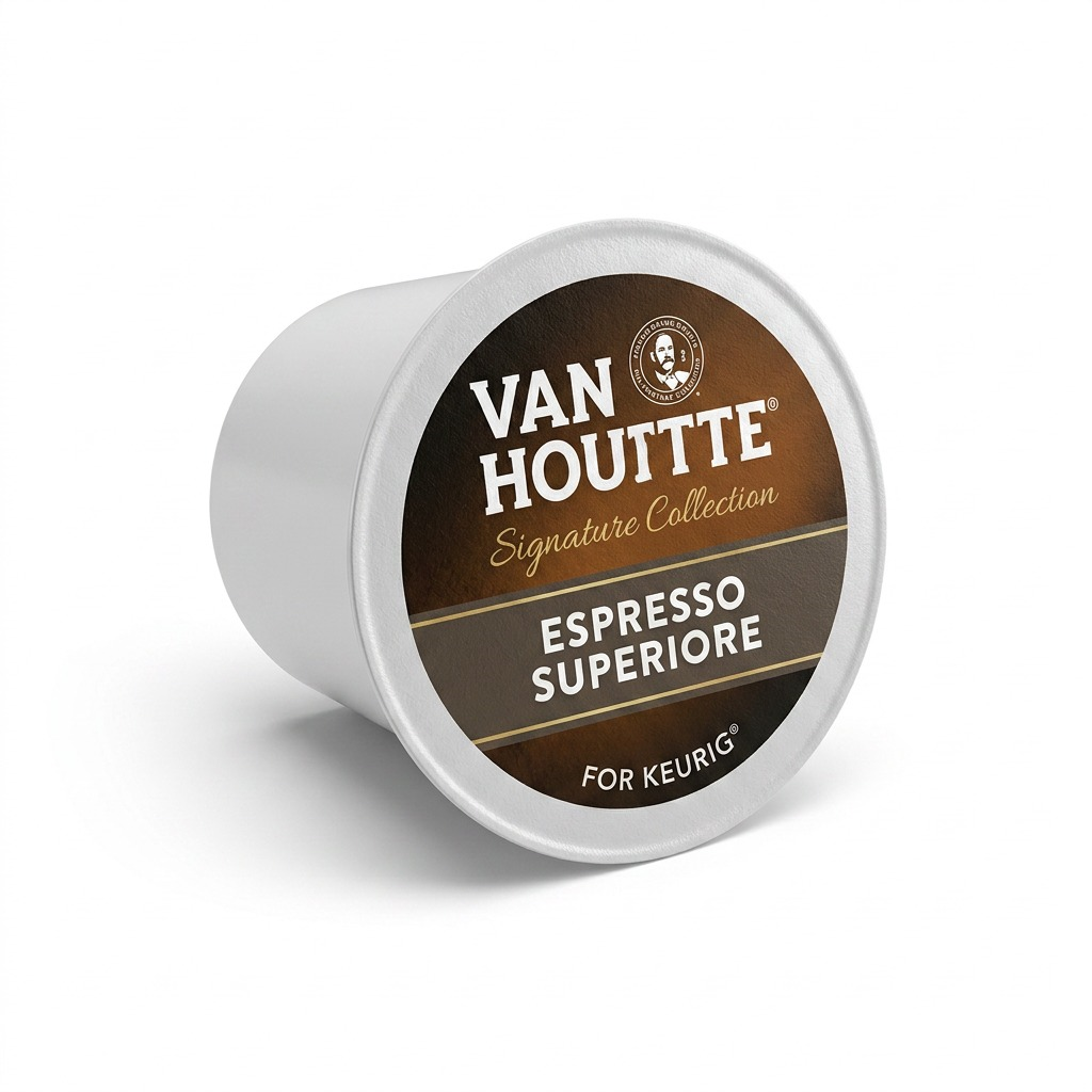 Van Houtte Espresso Superiore K-Cup pod for Keurig brewers, dark roast coffee on white background.