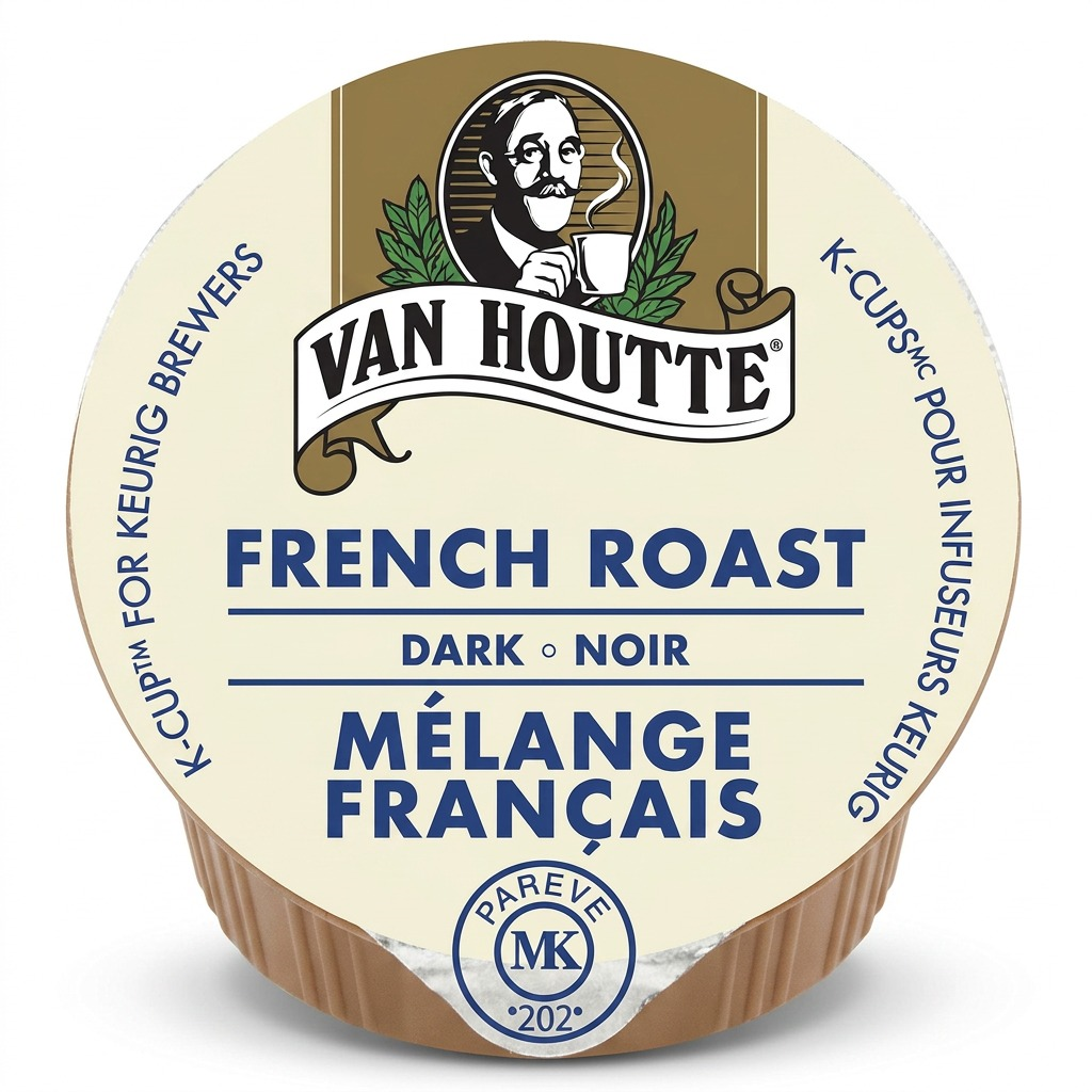 Van Houtte French Roast Dark coffee K-Cup pod for Keurig brewers against a white background.