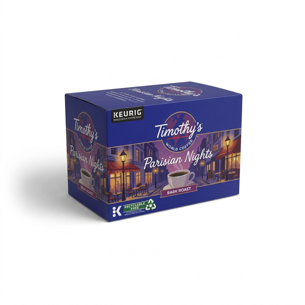 Timothy's Parisian Nights Dark Roast K-Cup coffee pods, 24 count blue recyclable box.