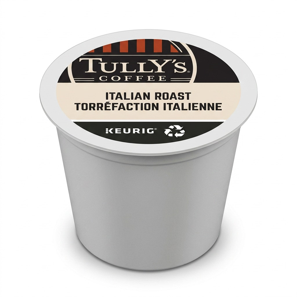 A single Tully's Coffee Italian Roast K-Cup pod for Keurig brewers, featuring a white pod body.