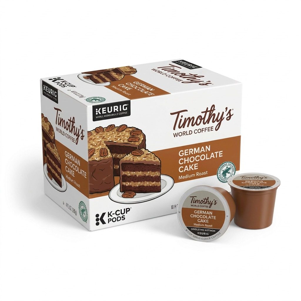 Timothy's German Chocolate Cake Coffee 24-count K-Cup pod box with two individual coffee pods.