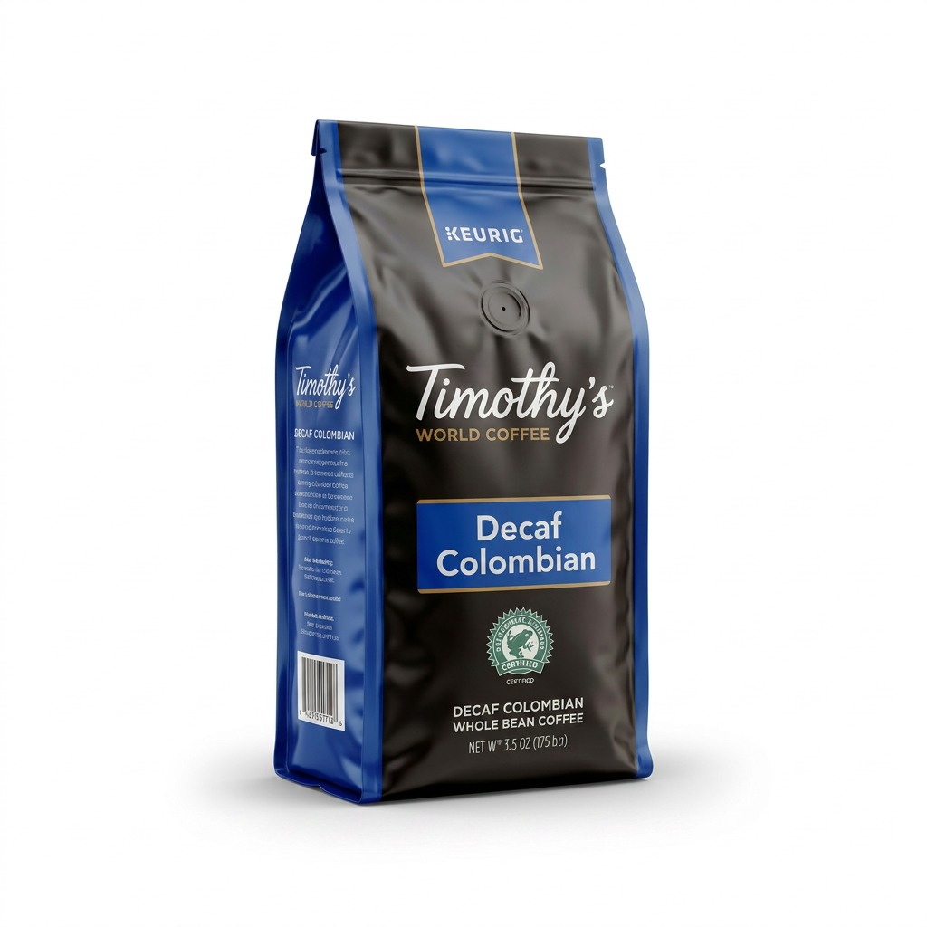 Timothy's Decaf Colombian Whole Bean Coffee bag, medium roast, featuring Rainforest Alliance logo.